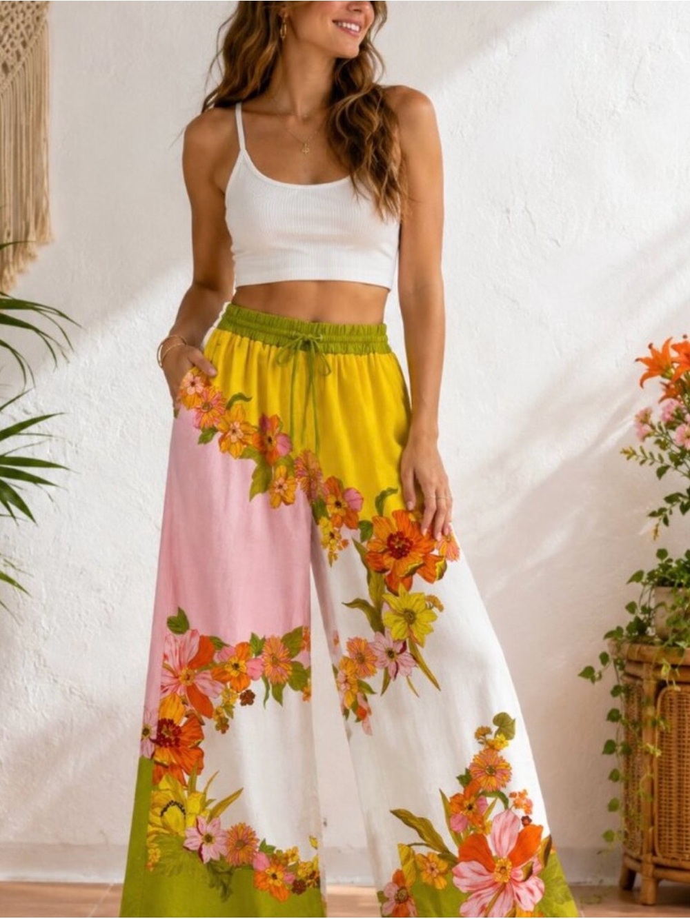 Wide Leg Floral Colorblock Pants - Pink/Yellow/White